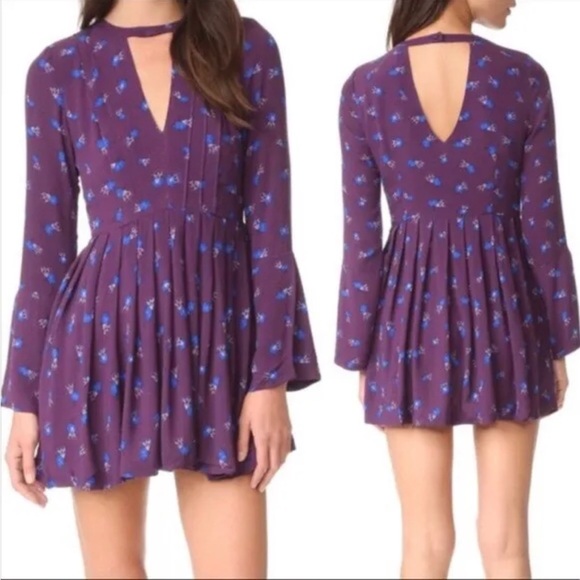 Free People Tegan Mini Dress Size 4 Purple Floral Cut Out Choker whimsical fairy - Picture 1 of 14